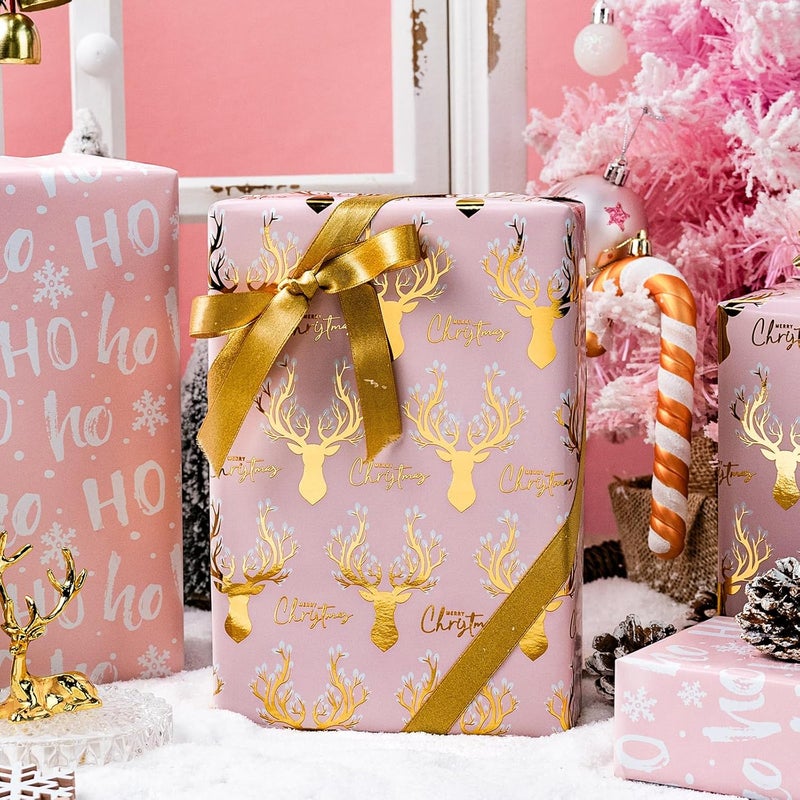 Yarcony Christmas Wrapping Paper, Girly Pink Wrapping Paper, Reversible Elegant Pink and Gold Reindeer Girl Christmas Gift Wrap with Metallic Shine for Winter Holiday (Mini Roll, 17 Inch X 33 Feet) - Image 4
